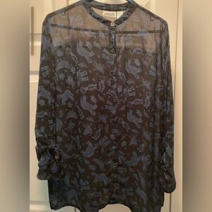 Chico's Designs Black & Blue Primitive Art Pattern Sheer Blouse  Woman’s  XL